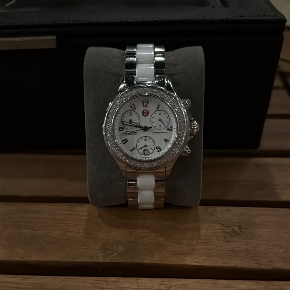 Michele Diamond Silver and White Ceramic Jewelry Watch